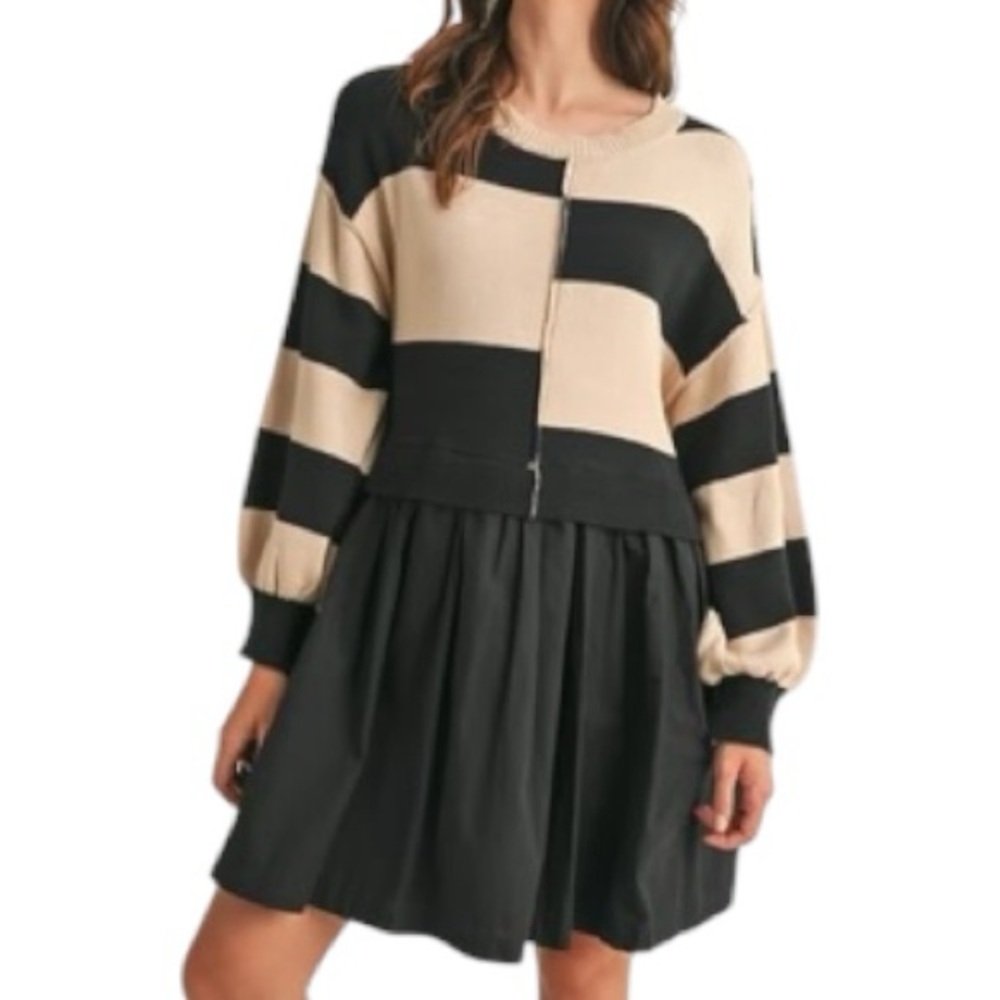 Habit Black Beige Striped Mixed Media
Sweater Dress Size M Oversized Knit Mini